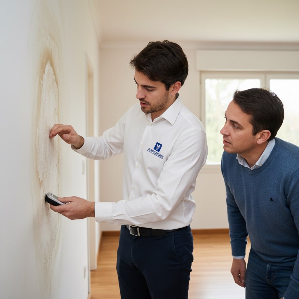 Un técnico examina una mancha de humedad en una pared con un medidor mientras un cliente observa la inspección.