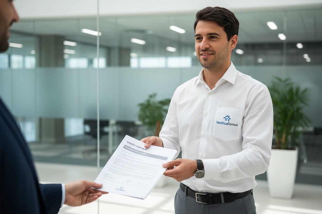 Un empleado con camisa blanca que lleva el logotipo de VerificaDomus entrega un documento a un cliente en una oficina moderna.